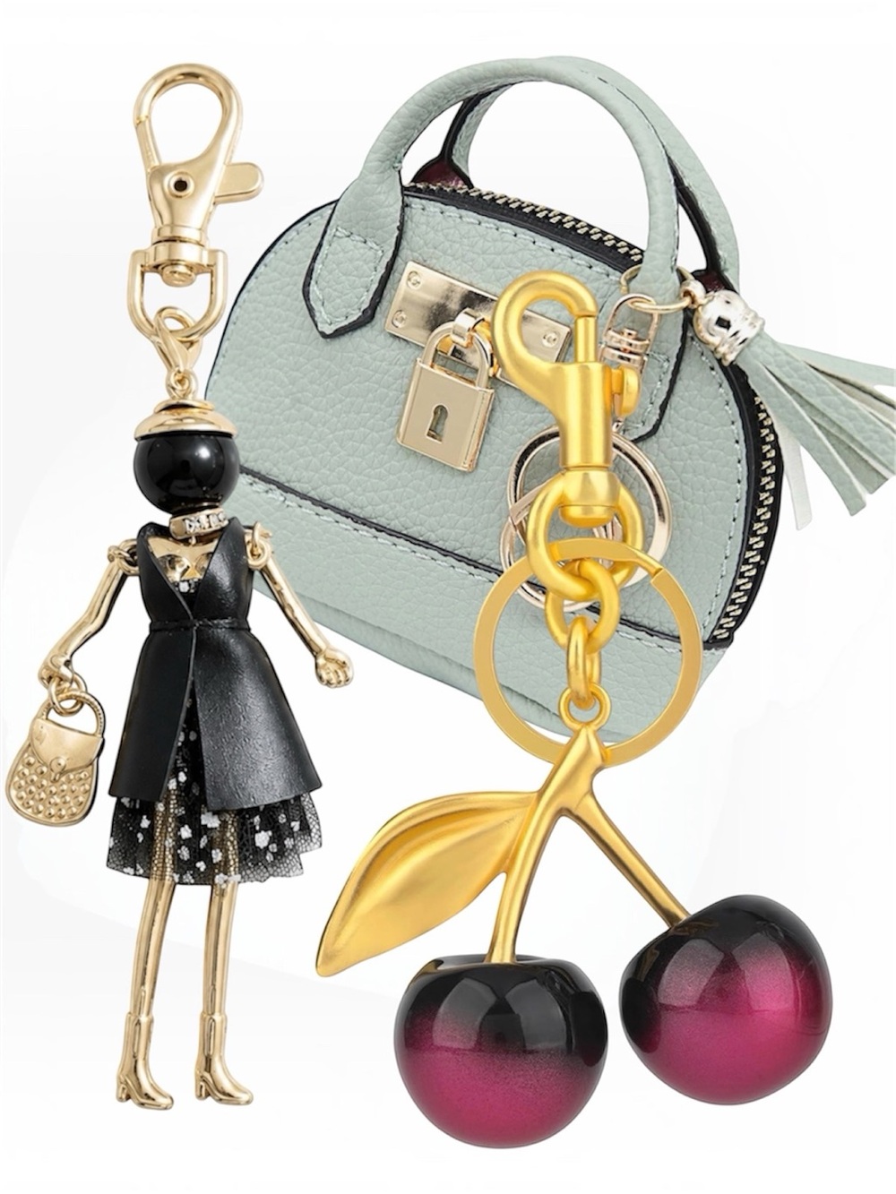Bundle of 3 Bag Charms - Doll Keychain, Cherry Keychain & Mini Purse Charm 🍒